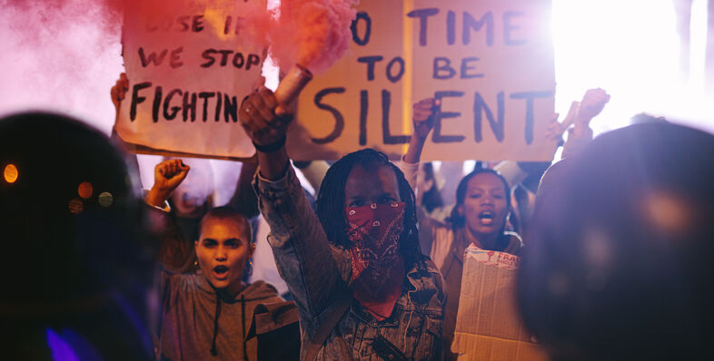 A photo of protesters holding signs and smoke bombs