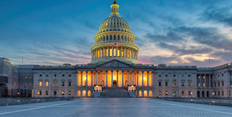 An image of the U.S. capitol building at dusk