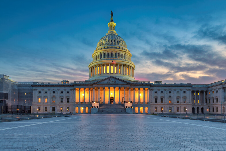 An image of the U.S. capitol building at dusk