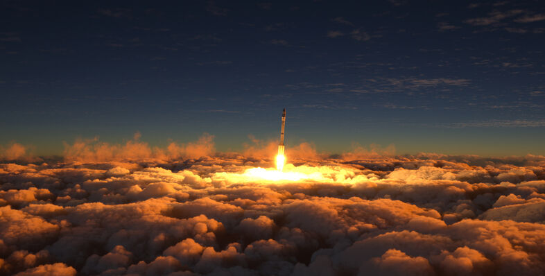 A space shuttle launching through clouds