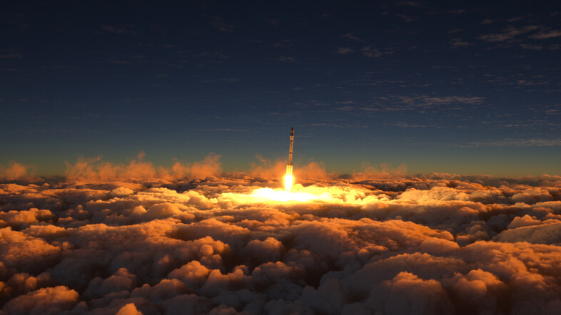 A space shuttle launching through clouds